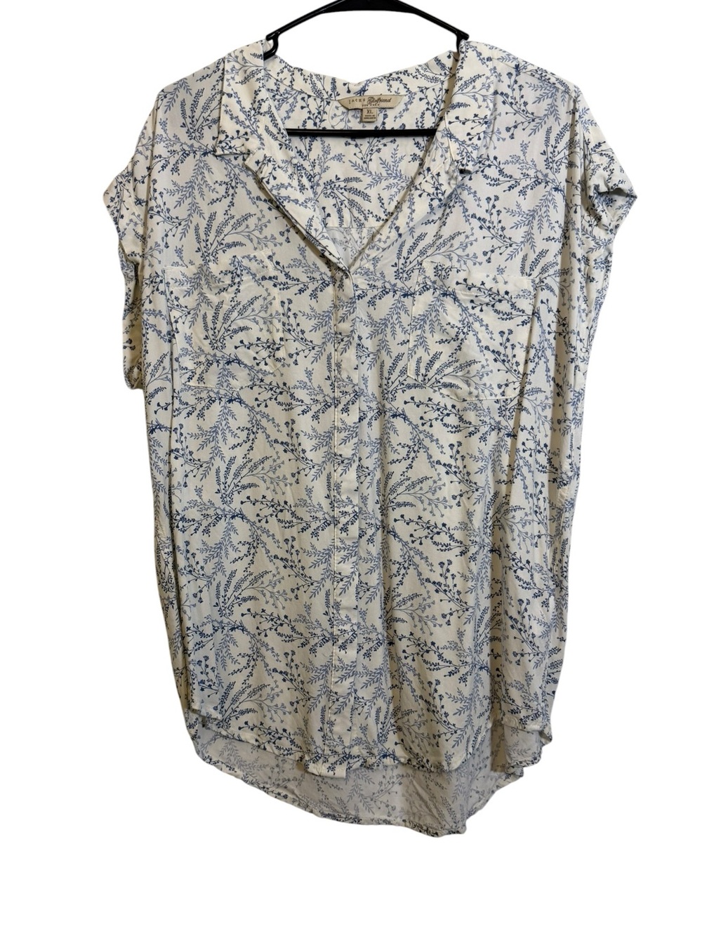 Jach’s Girlfriend Cream Blouse with Blue Botanical Print sz XL